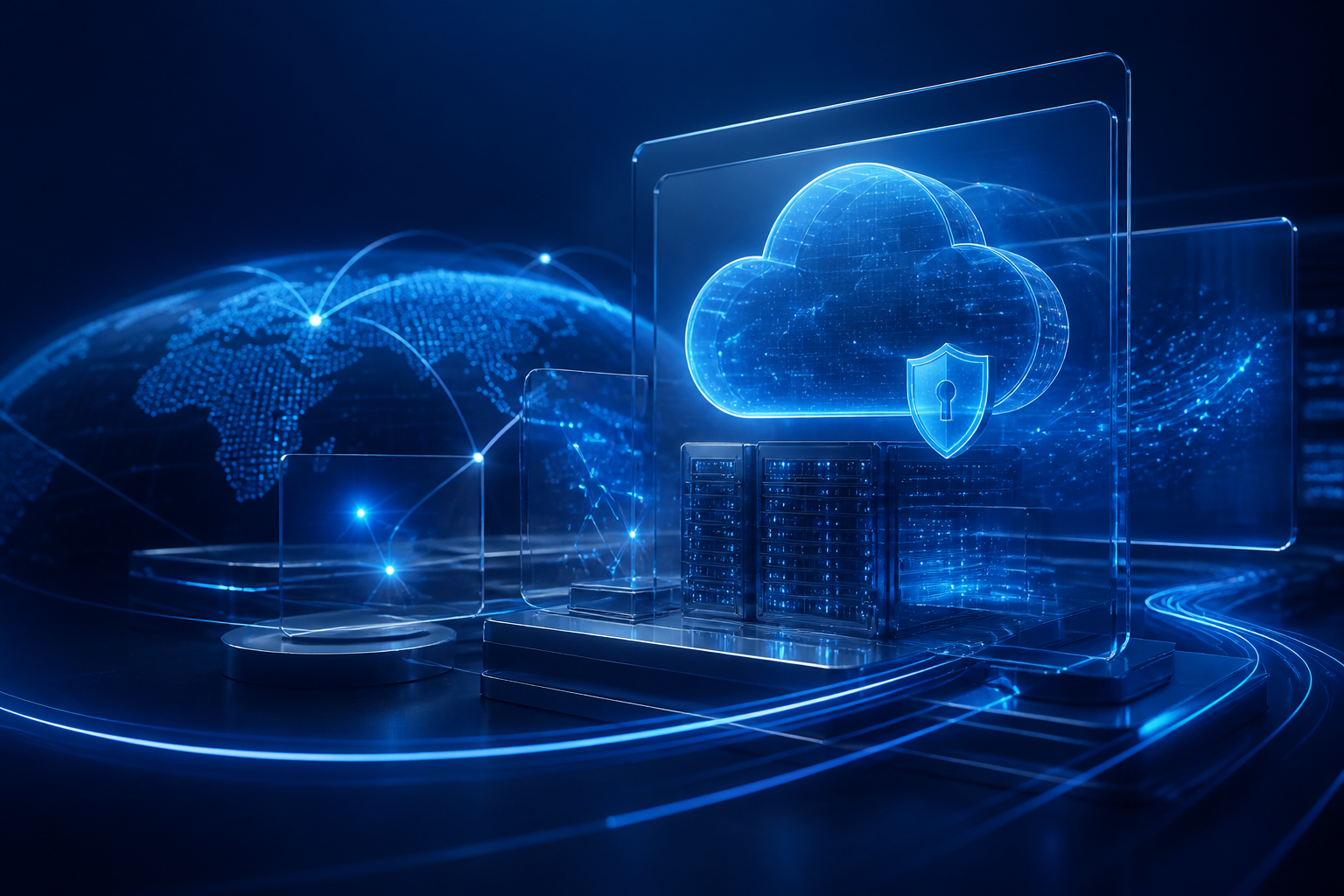 3D visualization of secure cloud infrastructure and global connectivity